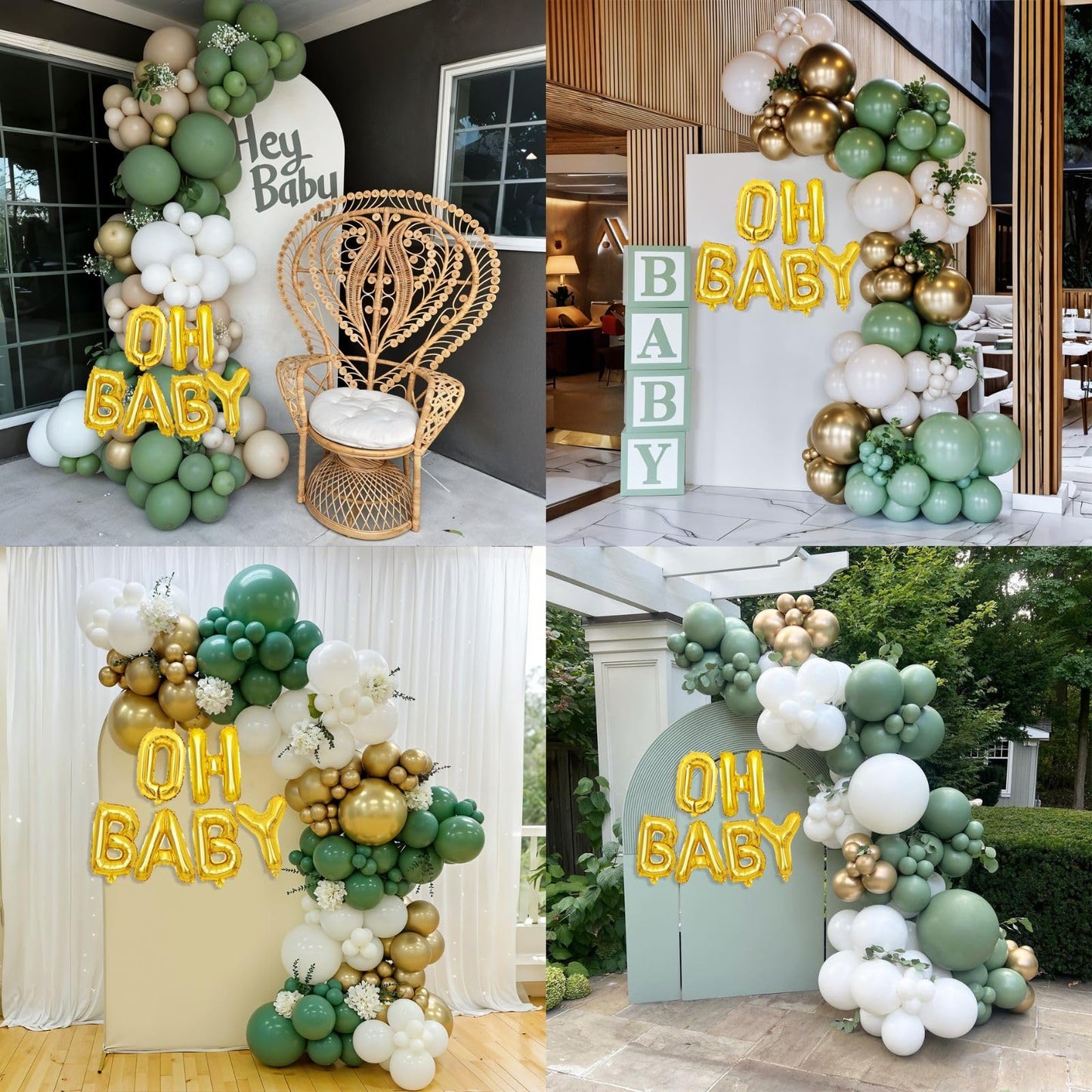 Sage Green Baby Shower Decorations,Boho Greency Neutral Balloon Arch with Oh Baby Balloon Banner Green Gold Balloons For Boy Girl Woodland Baby Shower Birthday Party Supplies