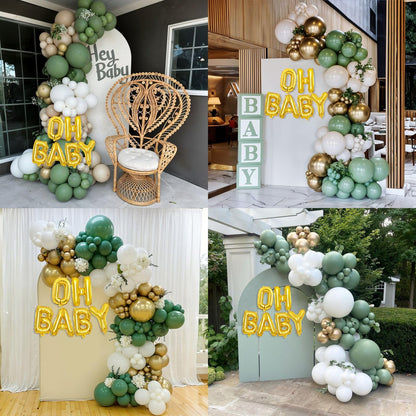 Sage Green Baby Shower Decorations,Boho Greency Neutral Balloon Arch with Oh Baby Balloon Banner Green Gold Balloons For Boy Girl Woodland Baby Shower Birthday Party Supplies