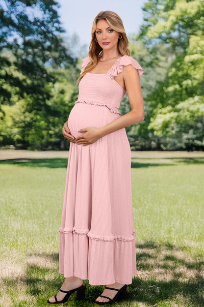 OUGES Womens 2025 Summer Maternity Photoshoot Dress Boho Maxi Smocked Baby Shower Dress Ruffle Sleeve Maternity Clothes