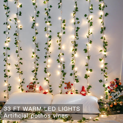 suddus Vine with Fairy Lights Battery Operated, 33ft 100 LED Ivy String Lights with Remote, Leaf Lights for Bedroom, Room, Wall, Garden, Party, Wedding Decor (Warm White)