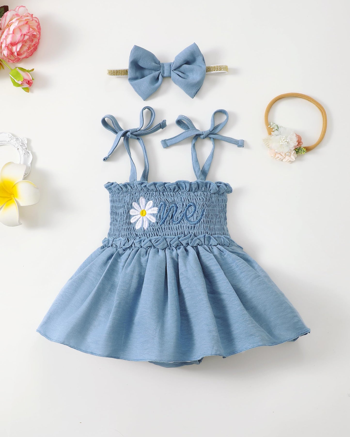 Renotemy Baby Girl Tulle Dress Sleeveless Romper Smocked Halter 1st Birthday Clothes Cake Smash Outfits with Flower Headband