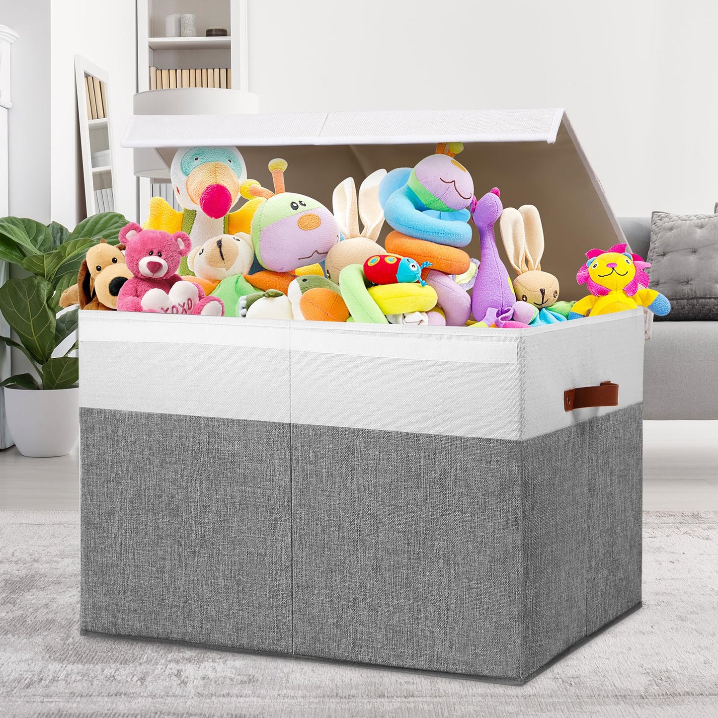 Large Toy Storage Box with Lid, Sturdy Toys Storage Chest Bin Organizer Basket with Dividers for Kids, Boys, Girls, Nursery, Closet, Bedroom, Playroom 25"x13" x16" (Beige and White)