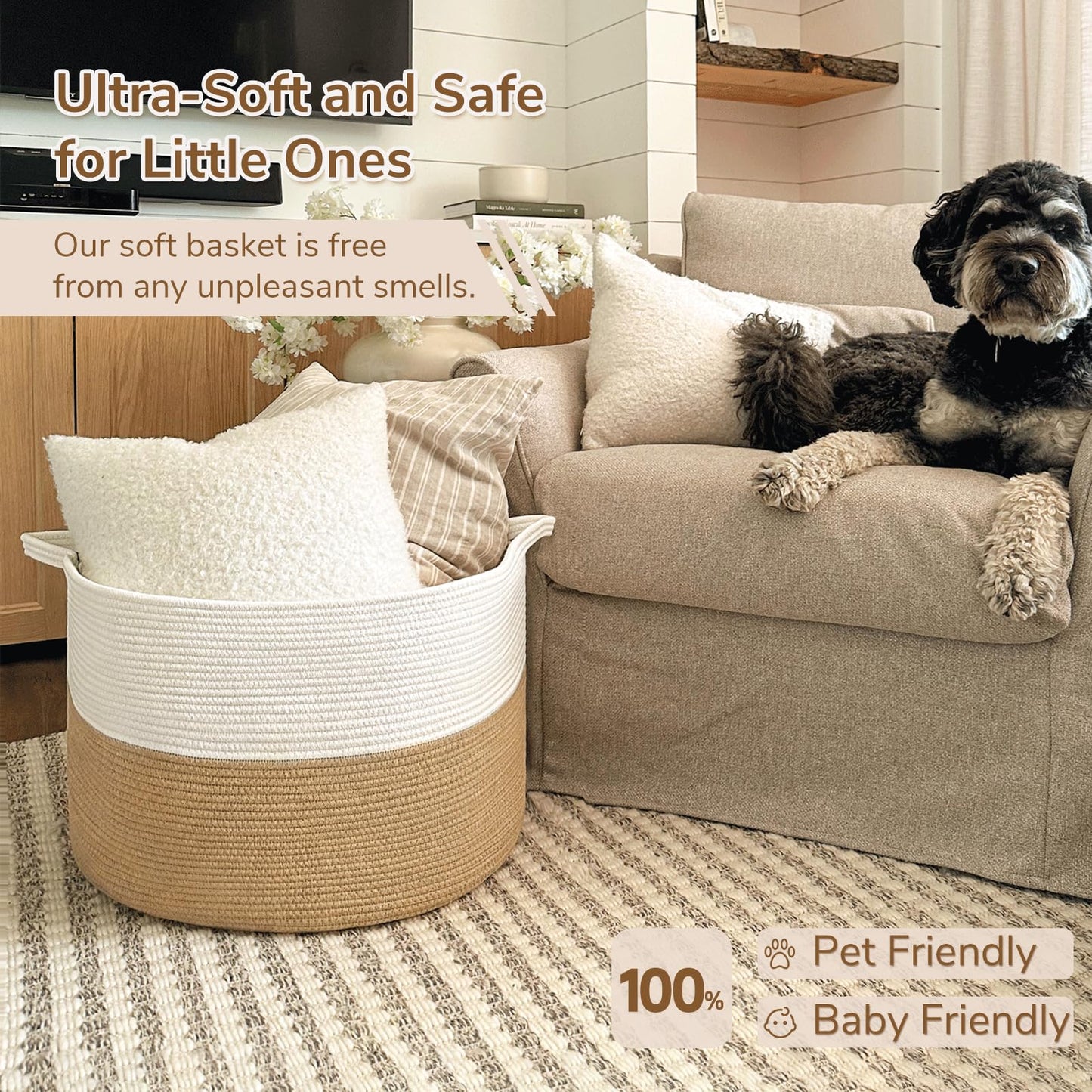 INDRESSME XXXLarge Cotton Rope Basket 21.7" x 21.7" x 13.8" Woven Baby Laundry Blanket Basket Toy Baskets with Handle Storage Comforter Cushions Thread Laundry Hamper