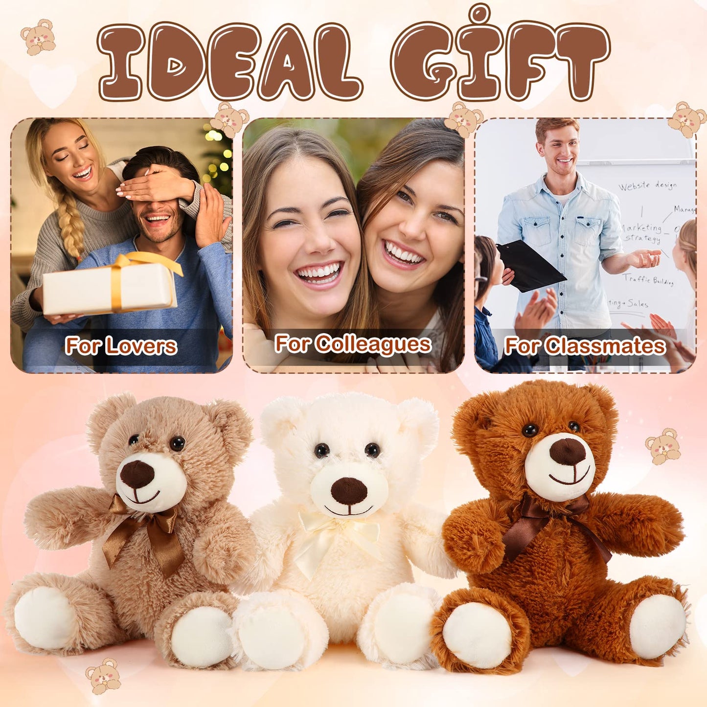 HyDren 6 Pcs Bear Stuffed Animal Plush Toys Soft Plush Dolls Bear Sleeping and Playing Toys for Baby Shower Decoration Boy(Fuzzy Style,Brown)