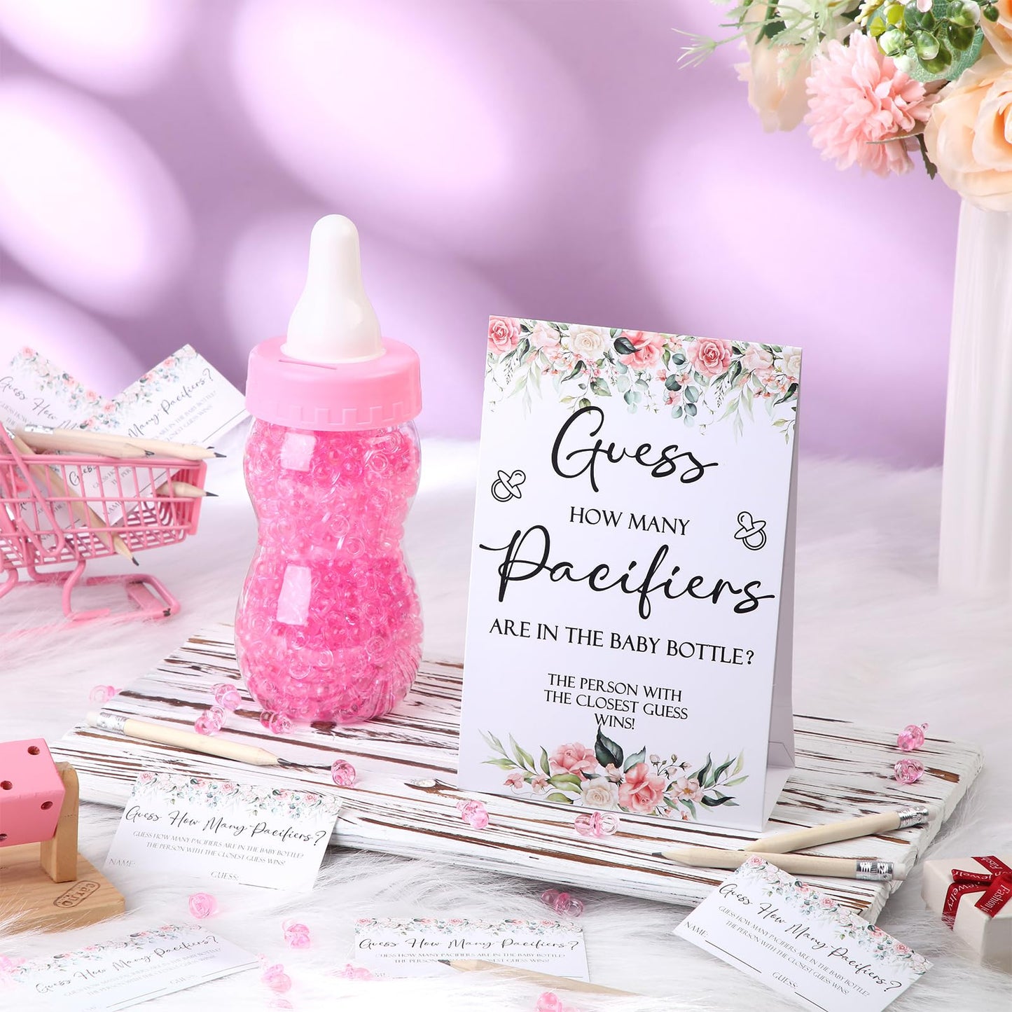 Roowest 512 Pcs Baby Shower Games Guess How Many Pacifiers Sign 100 Small Guessing Games 10 HB Pencils 750ml Milk Bottle 400 Acrylic Pacifiers Decoration for Guest Gender Reveal(Pink,Bear)