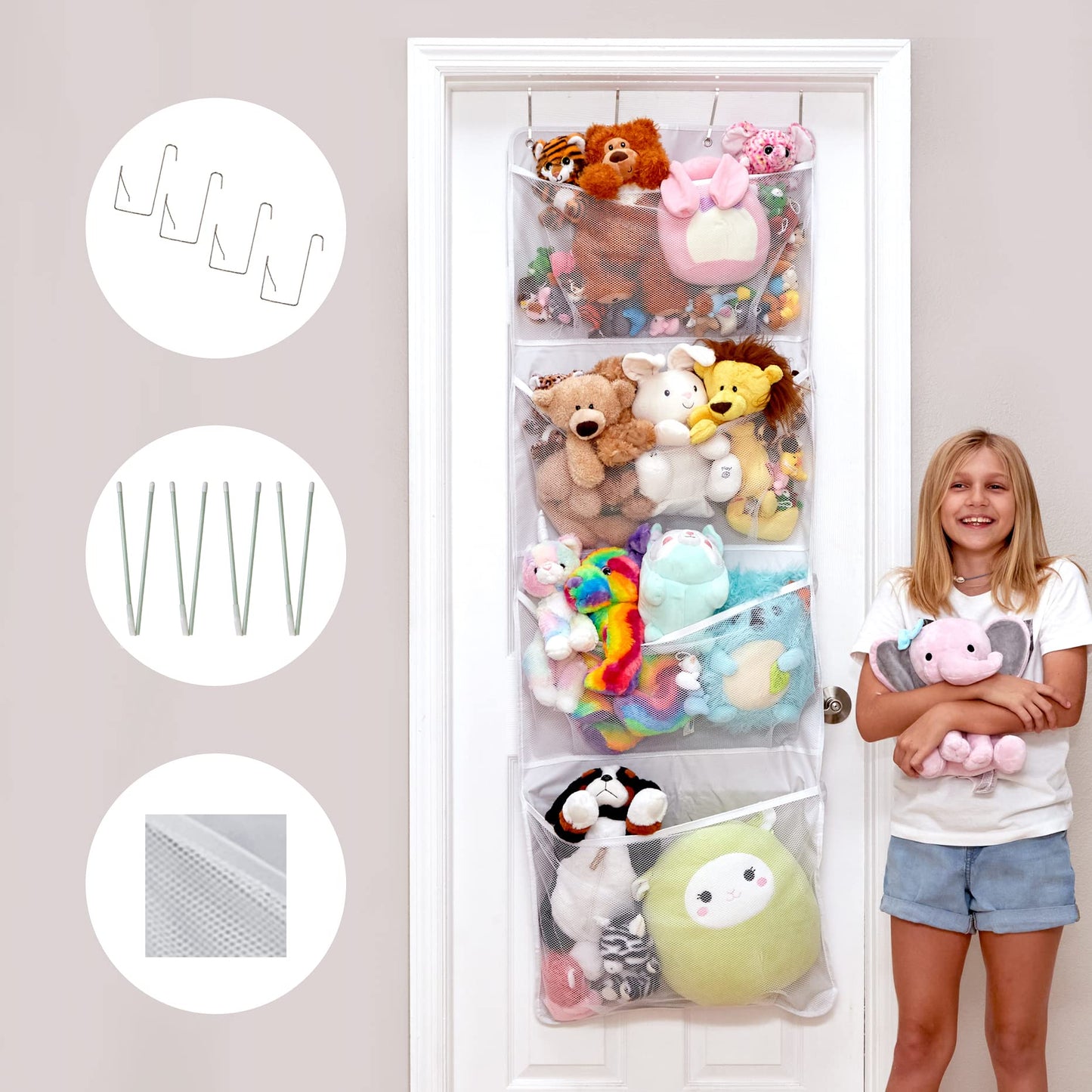 Lilly's Love Corner Stuffed Animal Toy Storage Hanging Organizer | 5 Expandable Mesh Net Pockets, Stores Loads of Plush Toys | Large Plushie Display for Boys, Girls | Pink
