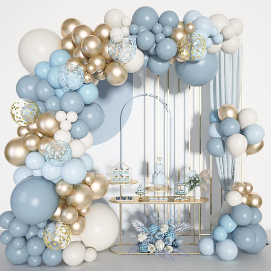 Ouddy Life 180pc Dusty Baby Balloons Arch Garland Kit, Blue Baby Shower Decorations Boy with Fog, Sand, White, Chrome, Gold, Champagne Balloons for Birthday, Boho, Bridal Shower Party Decor
