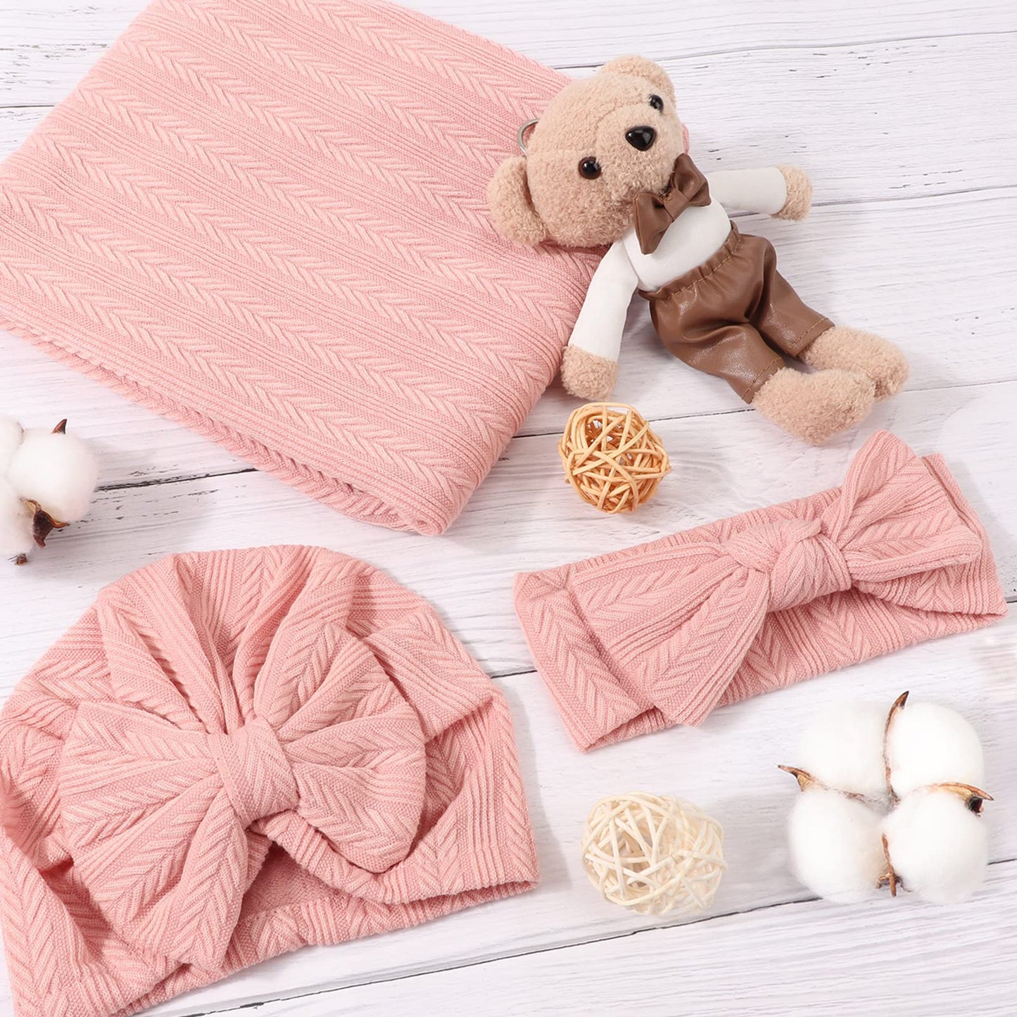 DRESHOW BQUBO Baby Swaddle Blankets for Girls, 4PCS Newborn Accessories Set with Matching Hat and Bow Headband with Card