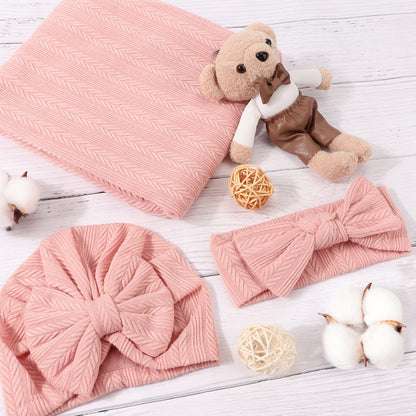 DRESHOW BQUBO Baby Swaddle Blankets for Girls, 4PCS Newborn Accessories Set with Matching Hat and Bow Headband with Card