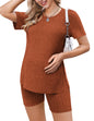 Ekouaer Maternity Sets 2 Piece Outfits Ribbed Knit Short Sleeve Shirts and Biker Shorts Pregnancy Loungewear Mama Clothes