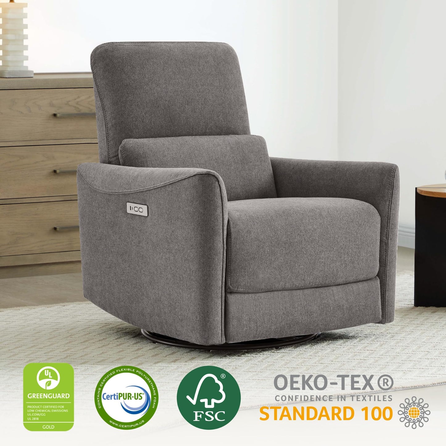 CHITA Power Recliner Chair Swivel Glider, FSC Certified Upholstered Living Room Nursery Reclining Sofa Chair with Lumbar Support, Linen