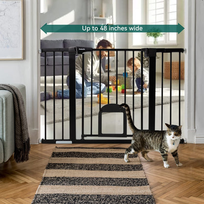 Babelio Upgraded Baby Gate with Cat Door, 29-43" Auto Close Durable Dog Gate for Stairs, Doorways and House, Easy Walk Thru Safety Gate with Pet Door Includes 4 Wall Cups, Black
