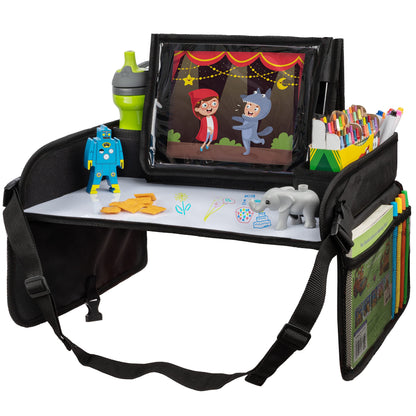 Lusso Gear Kids Travel Tray 2-Pack for Car Seats - Car Seat Tray with Tablet Stand, Mesh Pockets and Cup Holder - Road Trip Essentials Organizer and Activity Desk (Black)