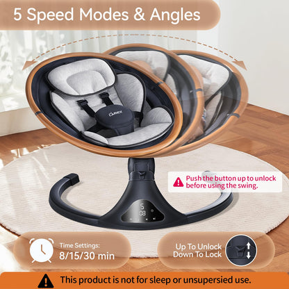 LAREX Baby Swing to Toddler Electric Infant Swing Portable for Newborn Boy Girl, 5 Sway Speeds with Remote Control, 12 Preset Melodies and Bluetooth, 0-6 Months Max 20 Lbs(Dark Wood Grain)