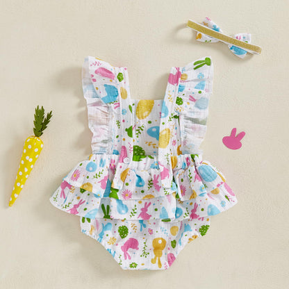 Baby Girls Flutter Sleeve Ruffles Layered Romper Dress Cute Patterns Printed Holiday Outfit with Headband