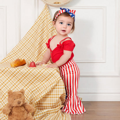 Fernvia Infant Baby Girl Clothes Suspenders Short Sleeve Ribbed Romper Flared Pants Set Headband 3pcs Summer Outfit