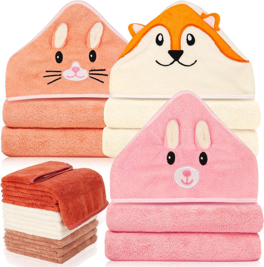 31x31 Inch Baby Hooded Towels, 12Pcs Bath Towels for Girls, Washcloth Set with Cute Design, Shower Towel Gift for Newborns, Infants and Toddlers
