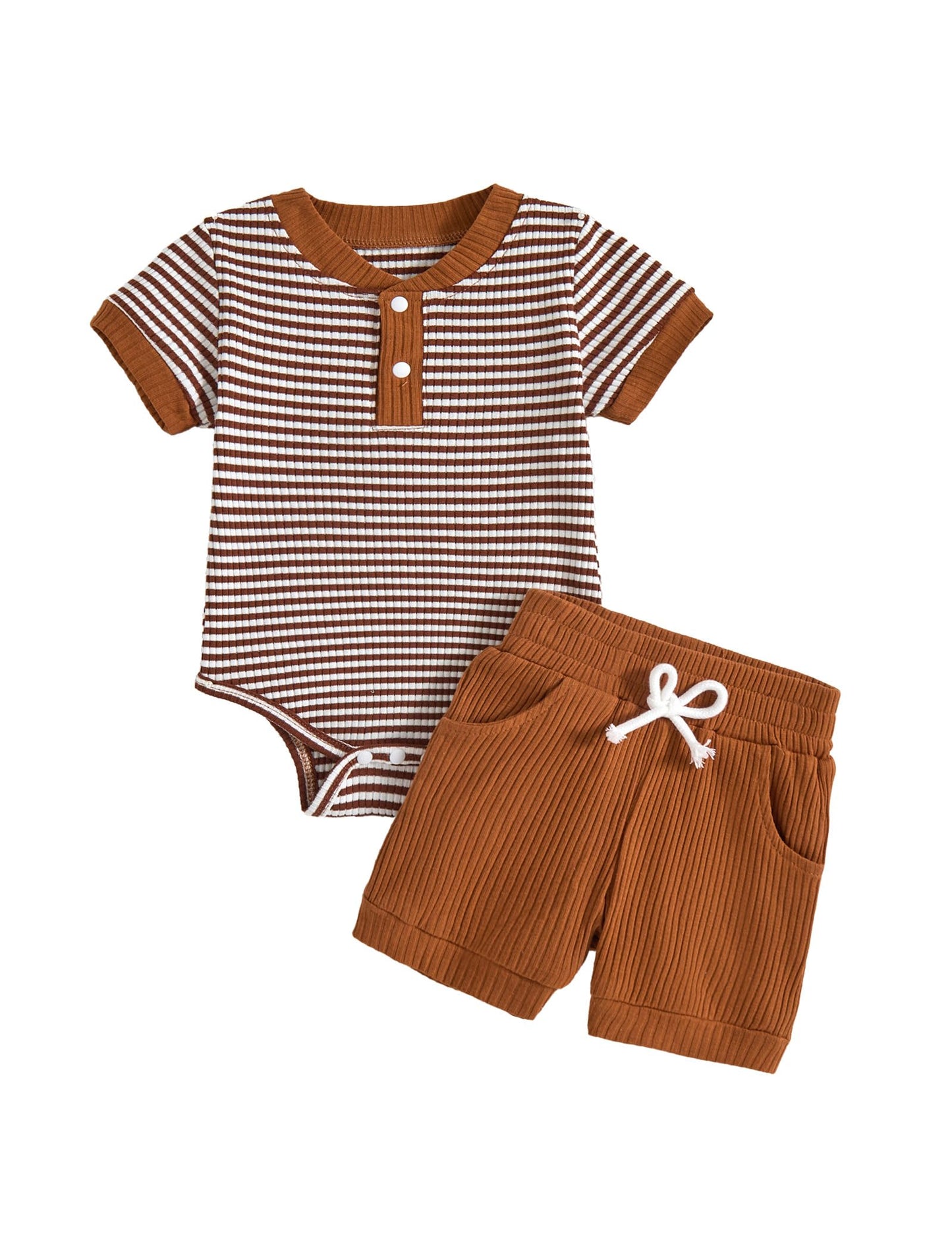 Baby Boy Outfits Ribbed Short Sleeve Striped Romper Top Solid Shorts with Pocket Baby Boy Summer Clothes 0-18M