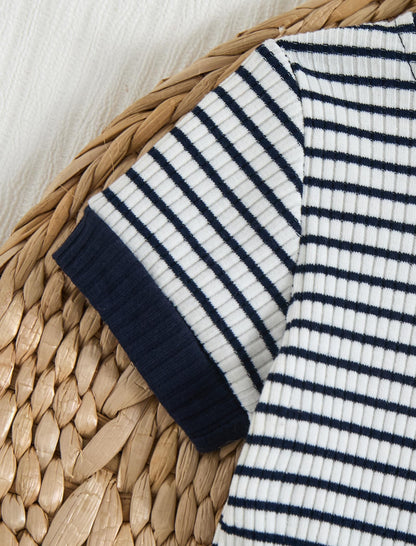 Baby Boy Outfits Ribbed Short Sleeve Striped Romper Top Solid Shorts with Pocket Baby Boy Summer Clothes 0-18M