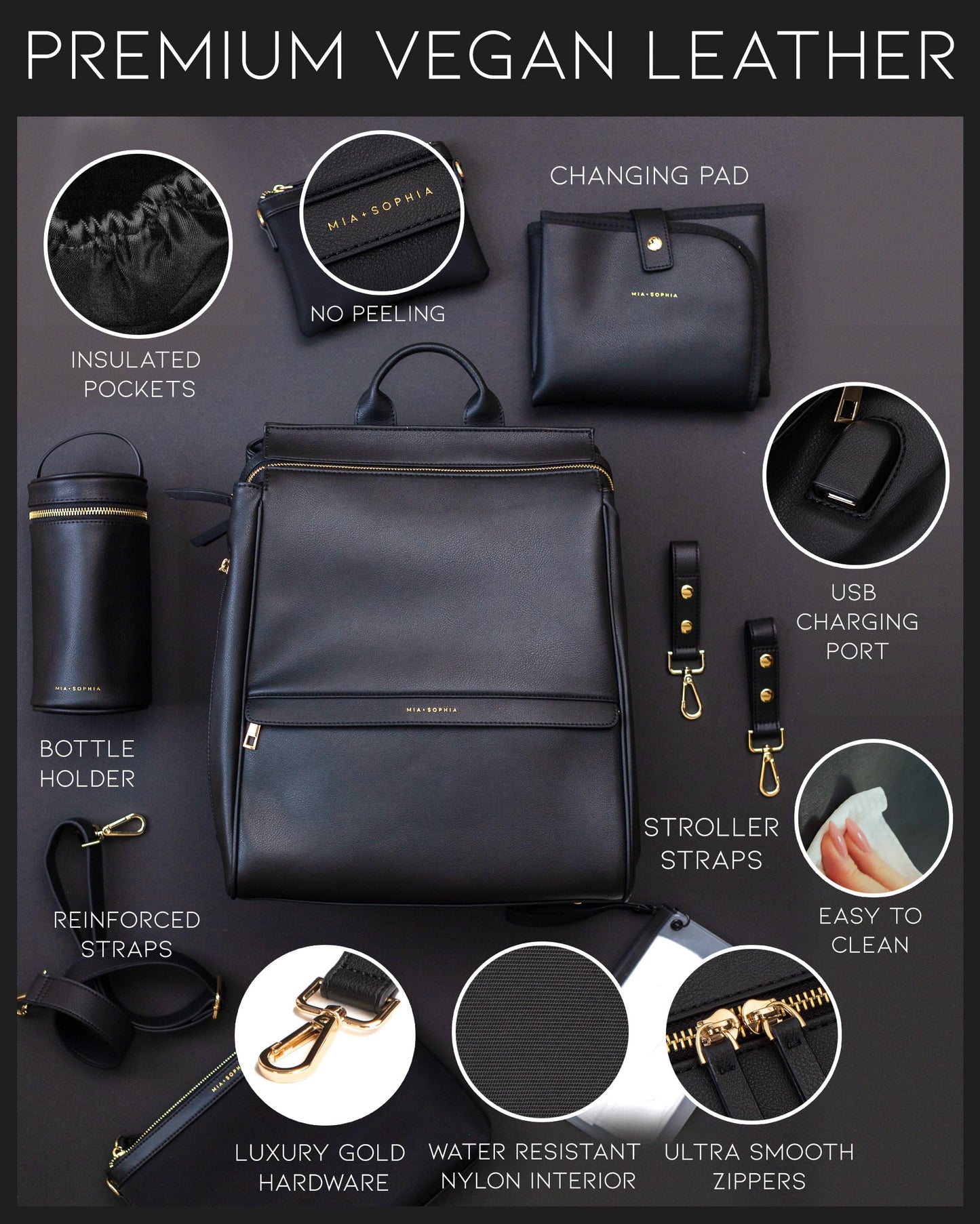 Leather Diaper Bag Backpack with USB Charging port, Changing Pad, Stroller Straps, and Bottle Holder (Brown Olivia)