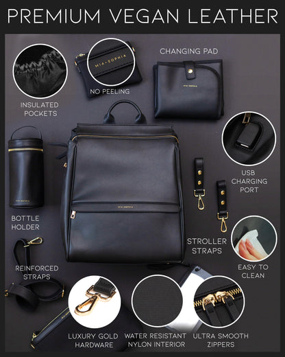 Leather Diaper Bag Backpack with USB Charging port, Changing Pad, Stroller Straps, and Bottle Holder (Brown Olivia)