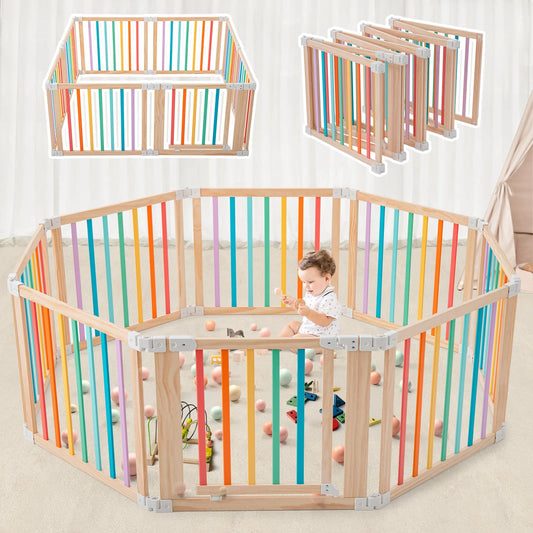 Foldable Wooden Playpen-61"x61"x25"-Large Baby Gate Playpen with Child-Proof Lock-Easy Assembly, Portable Design for Babies & Toddlers- Shape& Size Adjustable Baby Fence Play Area（Multicolor）