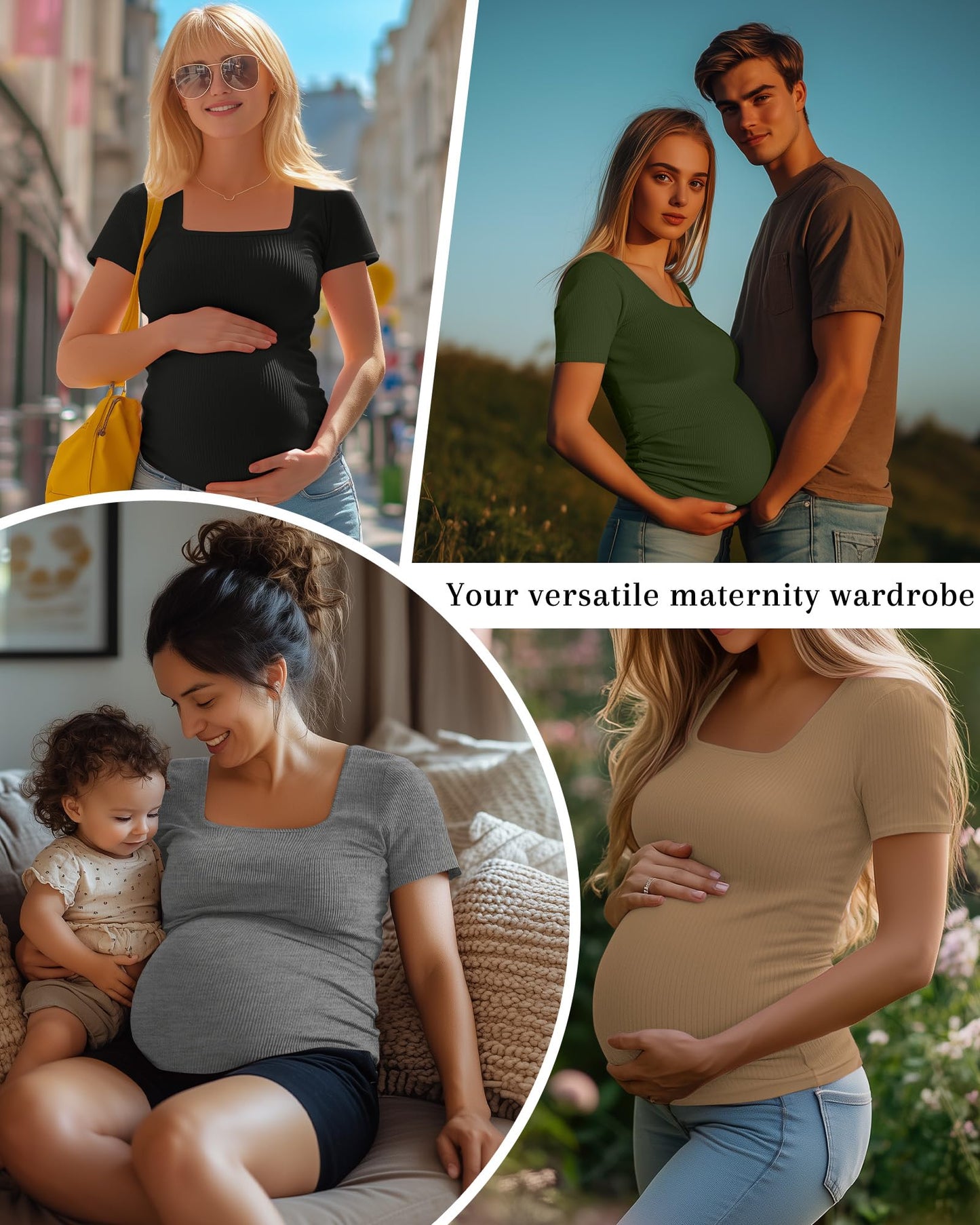 Huukeay 4 Pack Women's Maternity Shirts Cotton Ribbed Short Sleeve Square Neck Pregnancy Tops Side Ruched Summer Tee