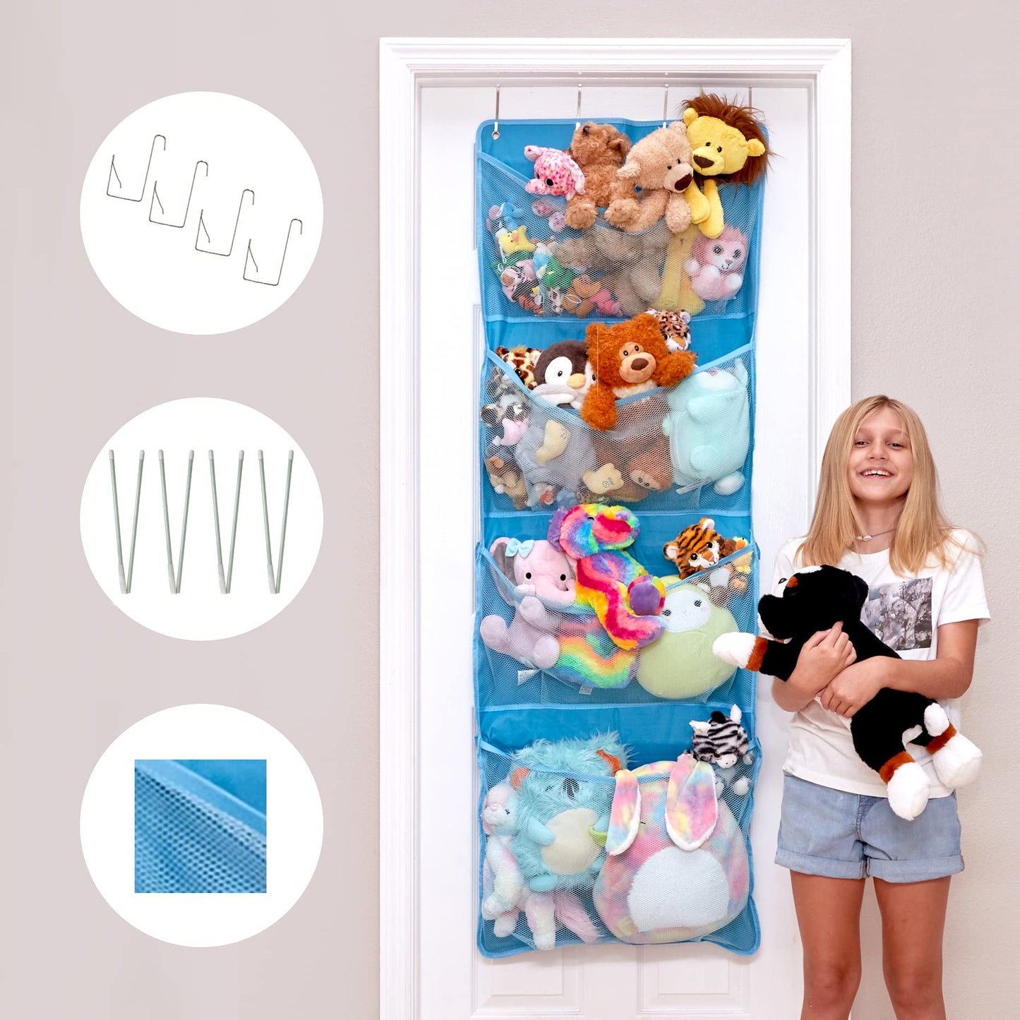 Lilly's Love Corner Stuffed Animal Toy Storage Hanging Organizer | 5 Expandable Mesh Net Pockets, Stores Loads of Plush Toys | Large Plushie Display for Boys, Girls | Pink