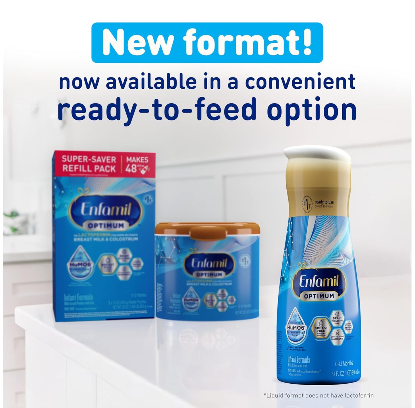 Enfamil Optimum Baby Formula, Our Closest Formula to Breast Milk, Brain-Building DHA, Immune-Supporting LnNT, Ready to Feed, Baby Milk, 32 Fl Oz, Pack of 6
