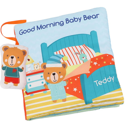 bebe mondo Teddy Bear Soft Baby Book Activity Quiet Cloth Books Developmental Toys Interactive Baby Books for Babies Toddlers Infants, Easter Gifts for Boys Girls,Washable Mirror Toy, Goodnight W Box