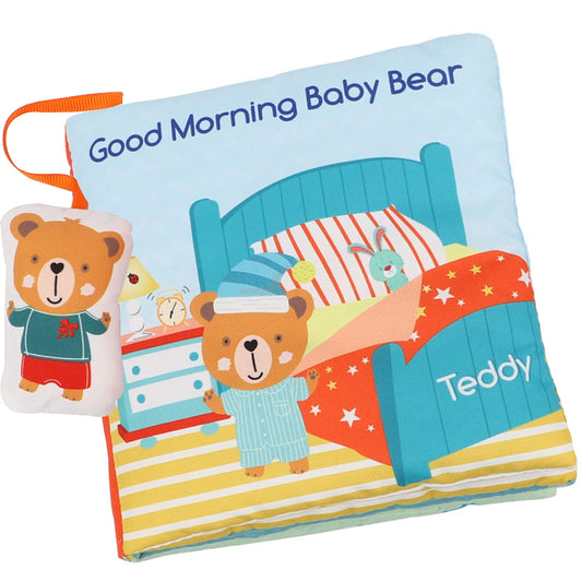 bebe mondo Teddy Bear Soft Baby Book Activity Quiet Cloth Books Developmental Toys Interactive Baby Books for Babies Toddlers Infants, Easter Gifts for Boys Girls,Washable Mirror Toy, Goodnight W Box