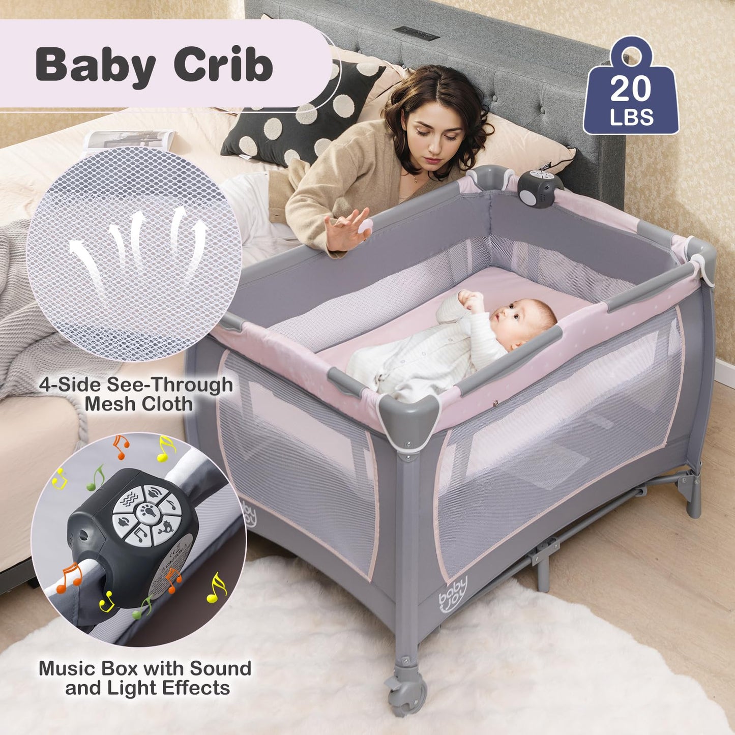 BABY JOY 5 in 1 Pack and Play, Portable Baby Playard w/Bassinet & Diaper Changing Table, Infant Pink Bassinet Crib with Toys & Music & Oxford Bag for Baby Girl Toddlers (Pink + Purple, Starry Sky)
