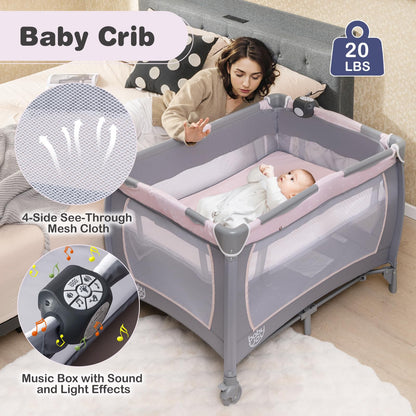 BABY JOY 5 in 1 Pack and Play, Portable Baby Playard w/Bassinet & Diaper Changing Table, Infant Pink Bassinet Crib with Toys & Music & Oxford Bag for Baby Girl Toddlers (Pink + Purple, Starry Sky)
