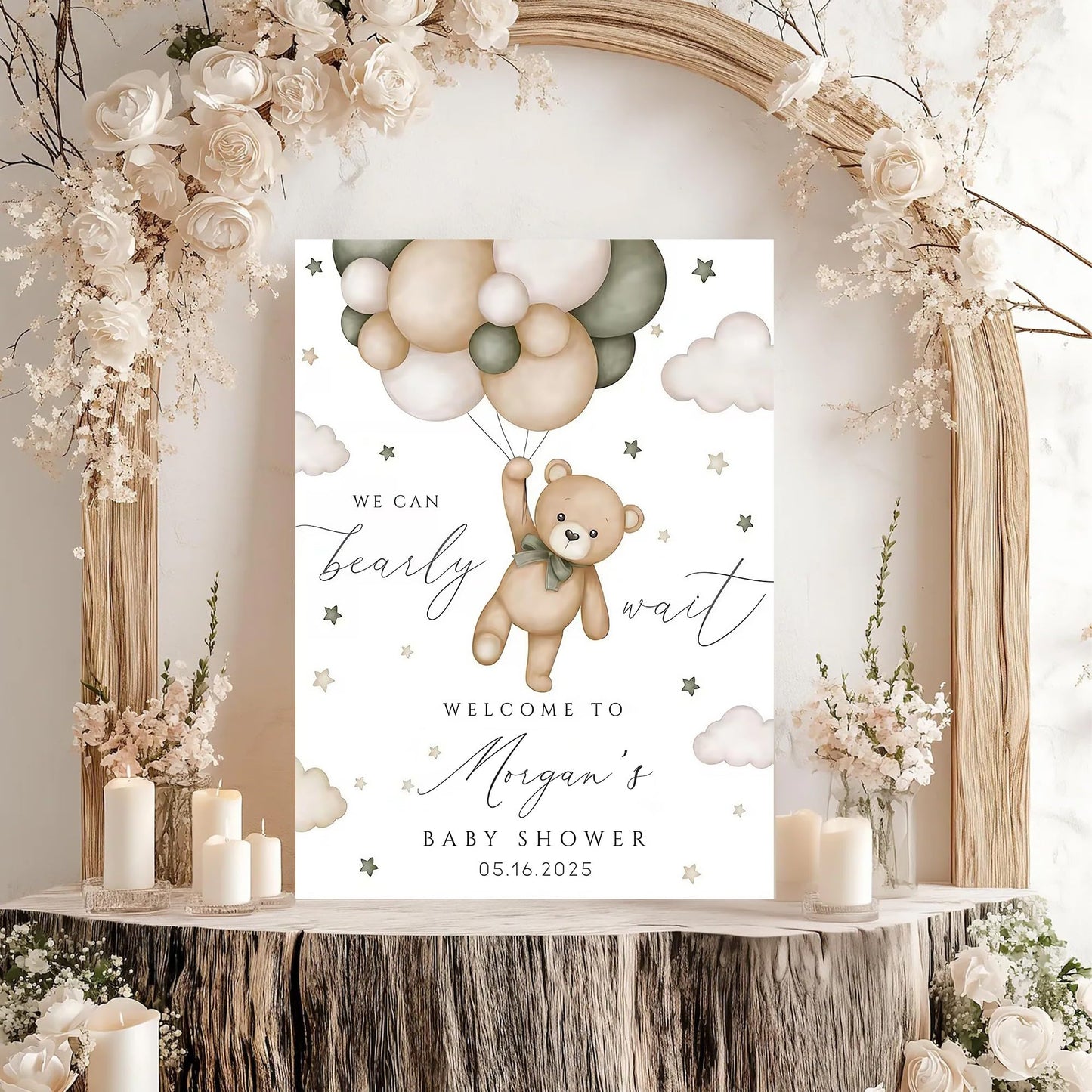 Personalized We Can Bearly Wait Baby Shower Welcome Sign, Welcome to Baby Shower Sign - Teddy Bear & Balloon Theme Décor #5