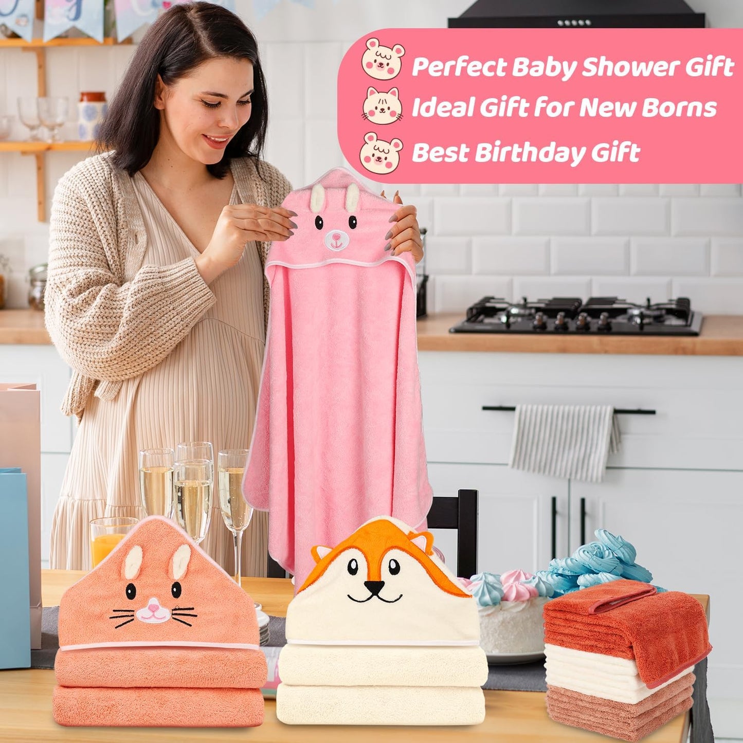 31x31 Inch Baby Hooded Towels, 12Pcs Bath Towels for Girls, Washcloth Set with Cute Design, Shower Towel Gift for Newborns, Infants and Toddlers
