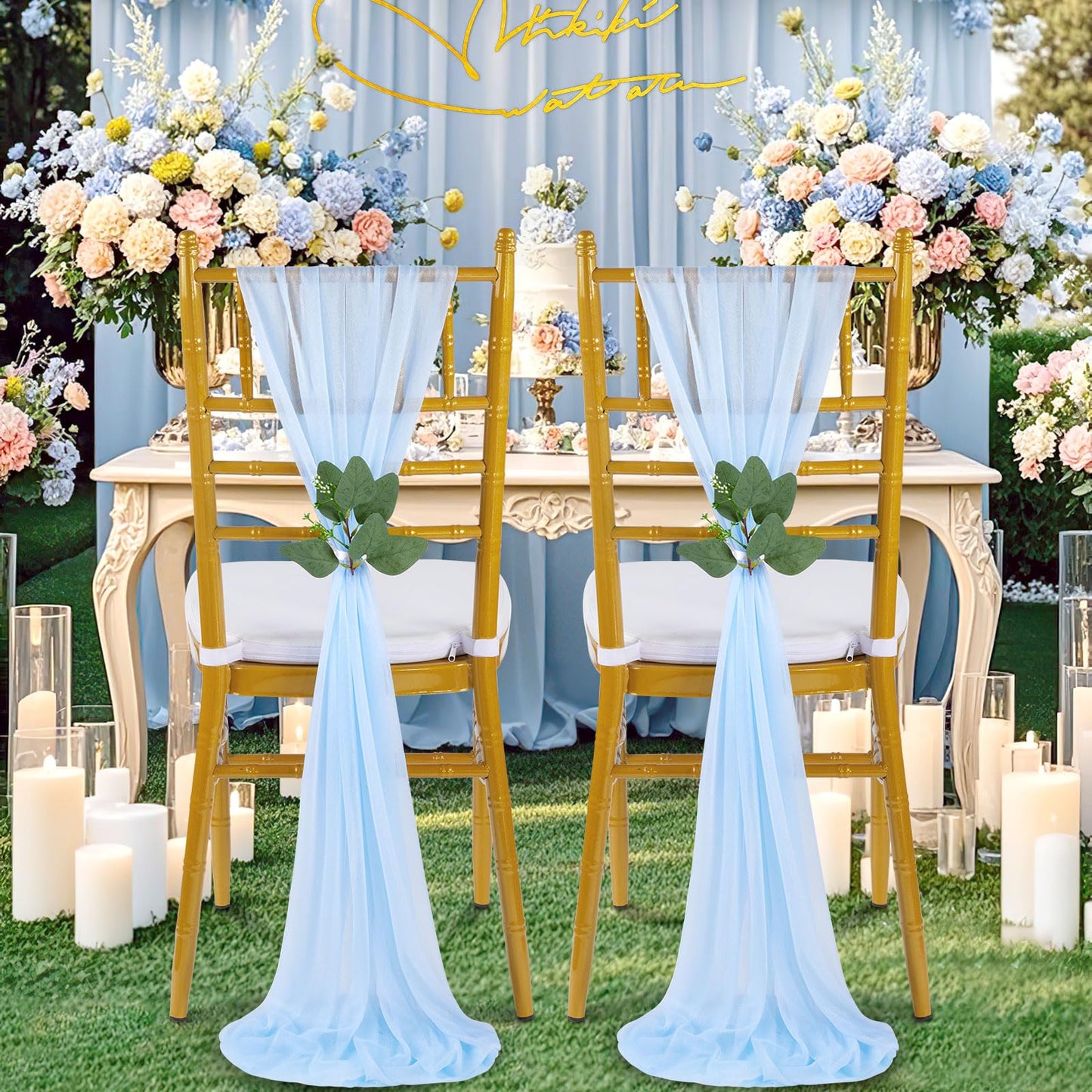 QueenDream Light Blue Sashes Chair Aisle Decorations: 24 Pack Baby Shower Chair Cover 8FT Long Tulle Draping Fabric Wedding Reception Church