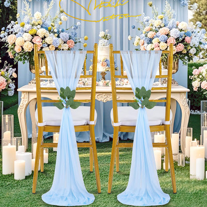 QueenDream Light Blue Sashes Chair Aisle Decorations: 24 Pack Baby Shower Chair Cover 8FT Long Tulle Draping Fabric Wedding Reception Church