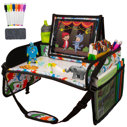 Lusso Gear Kids Travel Tray 2-Pack for Car Seats - Car Seat Tray with Tablet Stand, Mesh Pockets and Cup Holder - Road Trip Essentials Organizer and Activity Desk (Black)