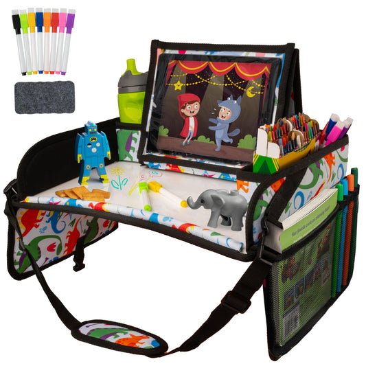Lusso Gear Kids Travel Tray 2-Pack for Car Seats - Car Seat Tray with Tablet Stand, Mesh Pockets and Cup Holder - Road Trip Essentials Organizer and Activity Desk (Black)