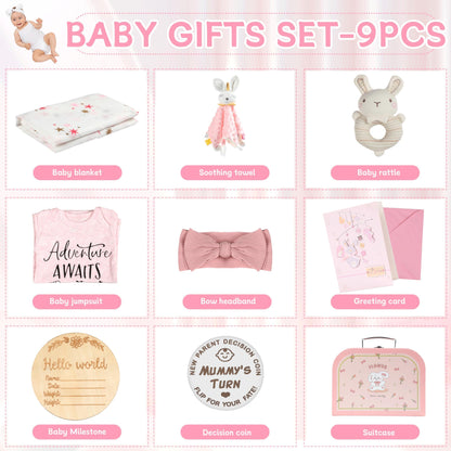 11 Pcs Baby Shower Gifts Basket for Newborns Baby Boy Gender Neutral Baby Gift Set with Baby Blanket Rattle, Milestone Security Blanket Decision Coin & Towels Socks Essentials for Baby Boys Girls