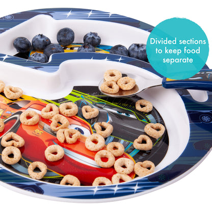 The First Years Bluey 4-Piece Place Setting - BPA Free Dishwasher Safe Toddler Dinnerware Set with Divided Plate, Bowl, Fork, Spoon - Multicolor