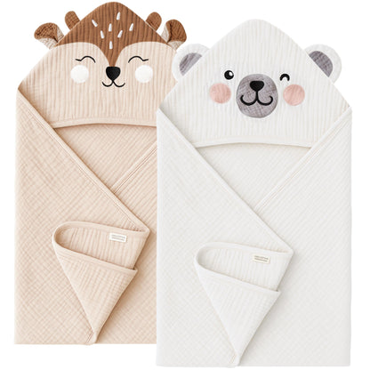 Konssy 2-Pack Muslin Baby Hooded Towels, Soft Cotton and Absorbent Baby Bath Towels for Newborn, Infant & Toddler with Animal Hooded Design (Bunny & Deer)