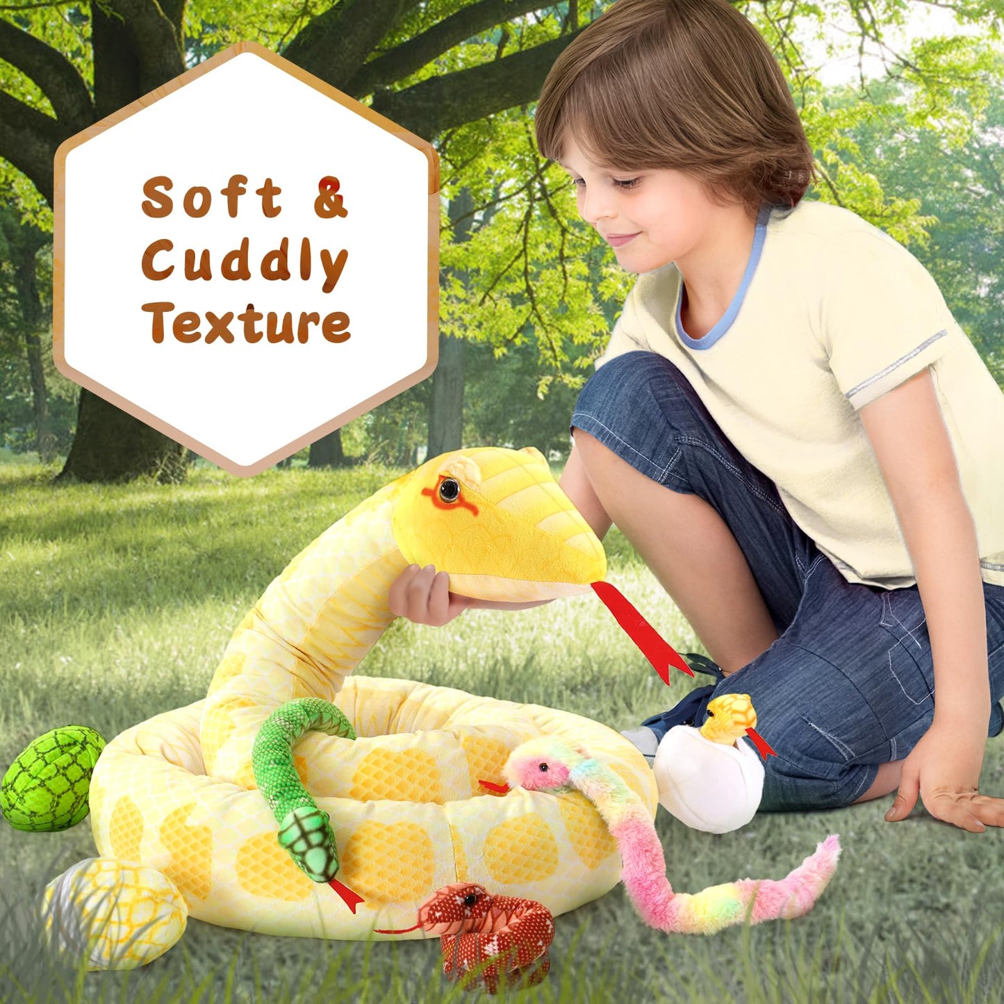 MorisMos Snake Stuffed Animals Plush Toy 120 Inch Giant Snake Plush with Babies Stuffed Snake Toys for Kids Plush Party Decorations Favors Prank Props, 4 Snake Babies, 3 Snake Eggs