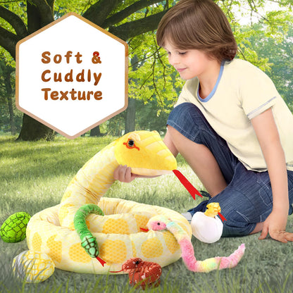 MorisMos Snake Stuffed Animals Plush Toy 120 Inch Giant Snake Plush with Babies Stuffed Snake Toys for Kids Plush Party Decorations Favors Prank Props, 4 Snake Babies, 3 Snake Eggs