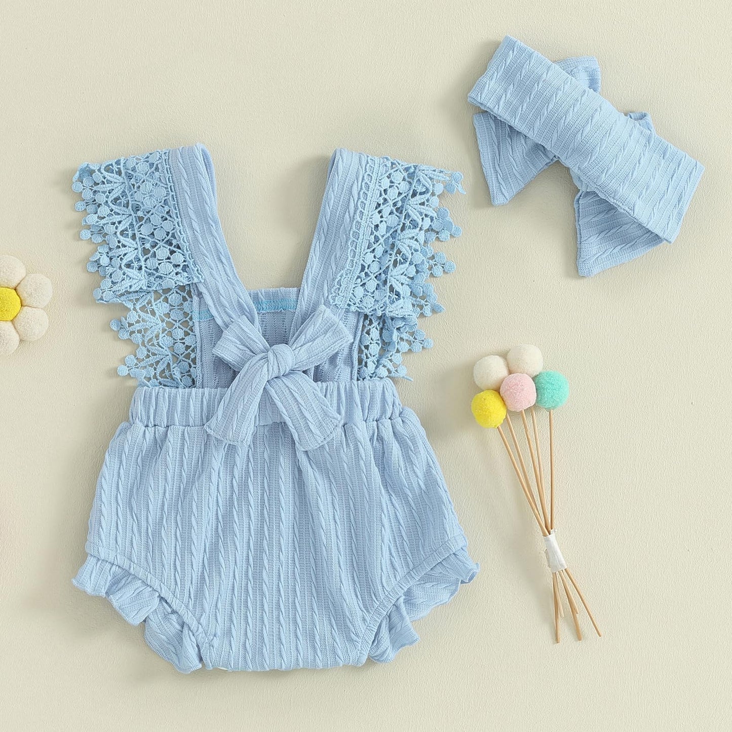Newborn Baby Girl Lace Romper Ruffle Sleeveless Backless One Piece Jumpsuit Bodysuit with Headband Summer Clothes