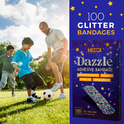 Glitter Bandages for Kids -(100 Count Box) Adhesive Bandage Strips w/Colorful Glitter Design & Latex-Free Individually Wrapped Strips for First Aid, Wound Care, Minor Cuts, Scrapes