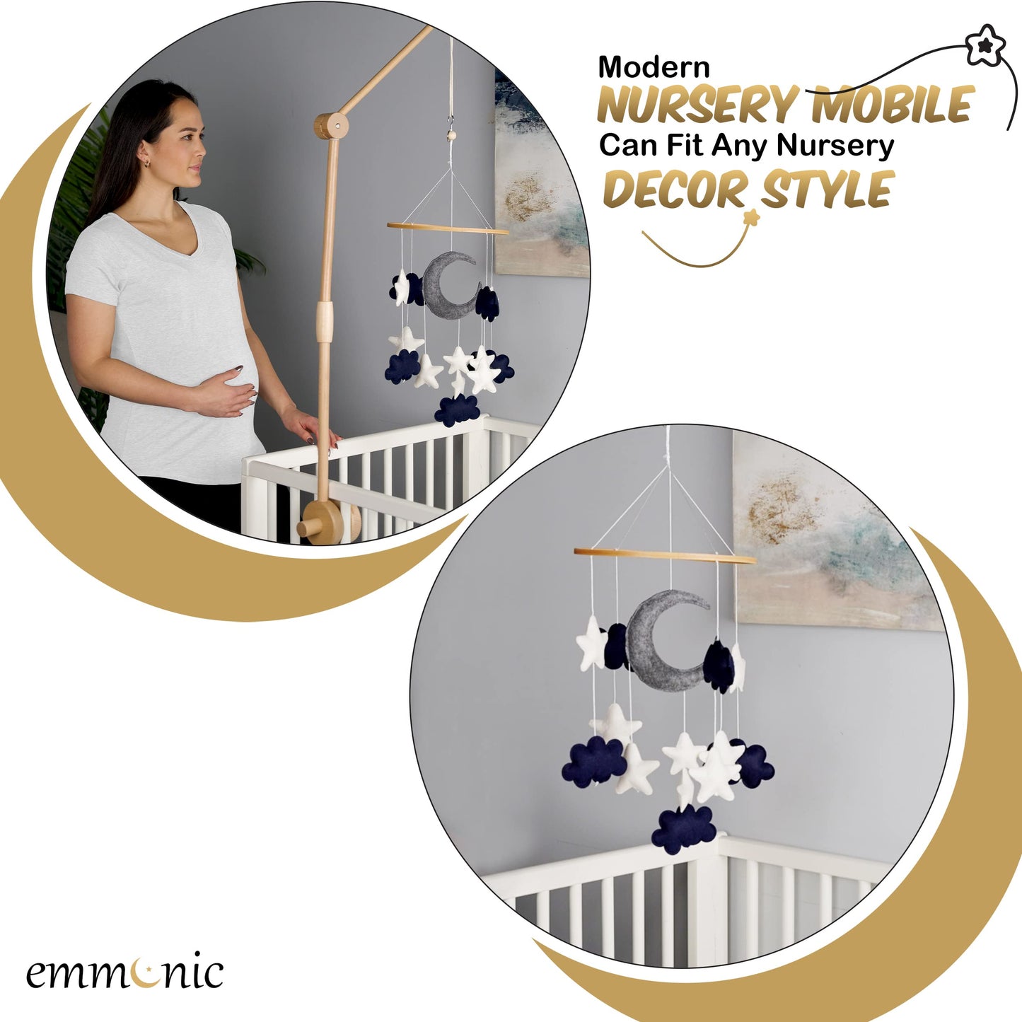 Baby Mobile for Crib - Handmade Modern Boho Baby Mobiles for Bassinet Felt Nursery Mobile Gender Neutral - Gold Moon and Stars - Girl Cribs Decorations