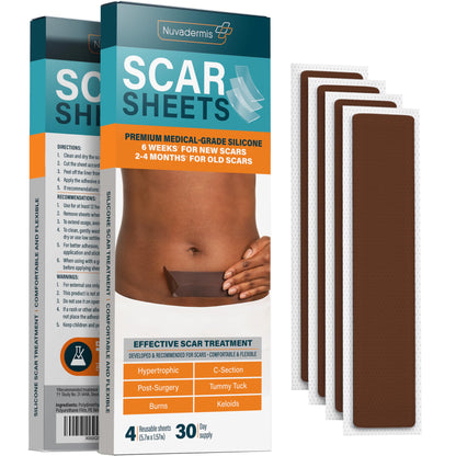 NUVADERMIS Silicone Scar Sheets - Extra Long Scar Sheets for C-Section, Tummy Tuck, Keloid, and Surgical Scars - Reusable Medical Grade Silicone Scar Sheets - Pack of 4 - Light Tone