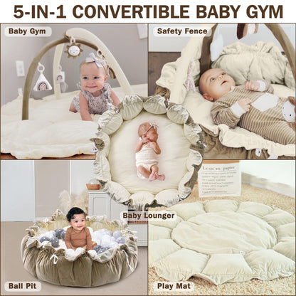 HAN-MM 5-in-1 Convertible Baby Play Gym with 6 Toys, Tummy Time Mat for Sensory Development, Baby Activity Center from Newborn to Toddler, Ball Pit, Cat & Dog Bed, Soft Plush Pet Bed, Pink