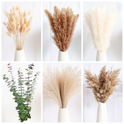 110 PCS of Boho Pampas Grass Decor, Naturally Dried Pompas, Bunny Tails Dried Flowers, and dried eucalyptus. Perfect for Weddings, Boho Party Decorations, and Table Decor.